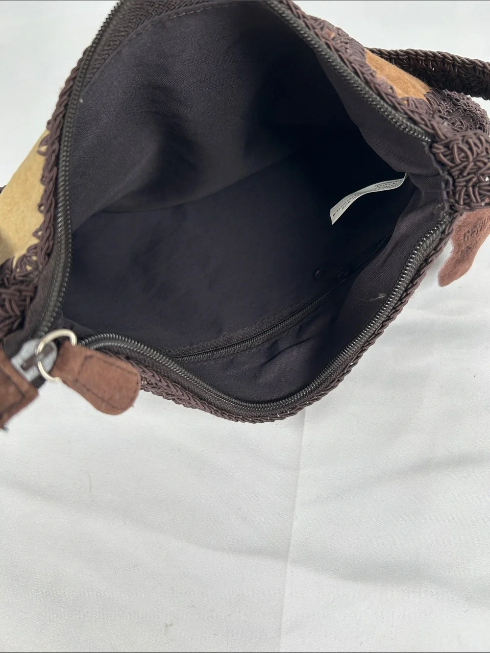 Leather Suede Boho Knit Crochet Hobo Bag Brown Beaded
